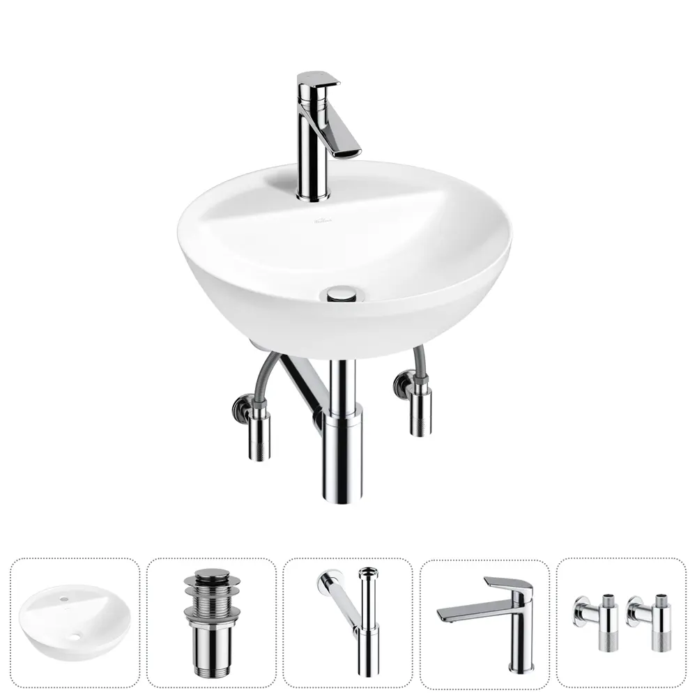 Фото Раковина Wellsee cute twin r 20213334R 42см цвет раковина 5 в 1: д/к, сифон, смеситель, вентили