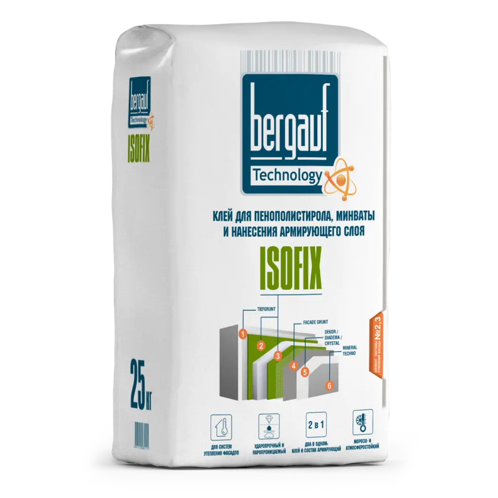 Фото 2 Клей для теплоизоляции Bergauf Isofix 25 кг Фото 2 Клей для теплоизоляции Bergauf Isofix 25 кг