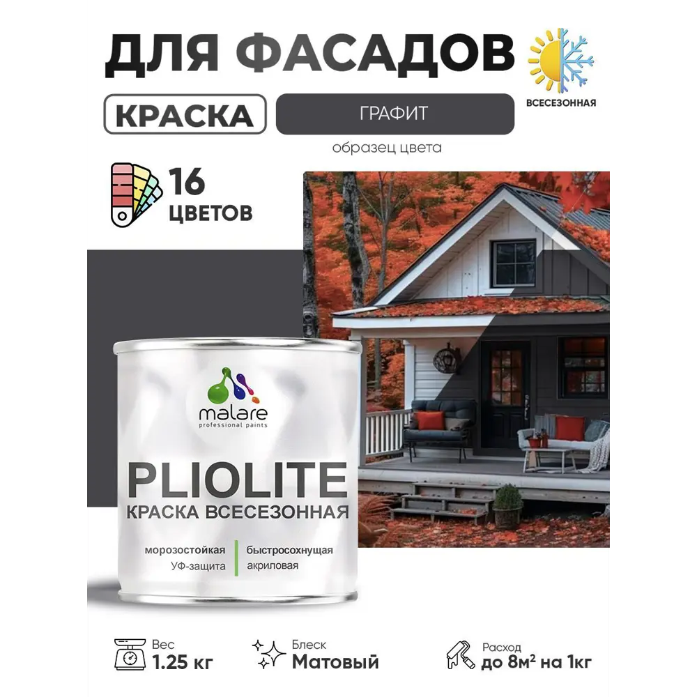 Фото Краска-эмаль фасадная всесезонная Malare Pliolite по дереву бетону ОСБ плит быстросохнущая цвет RAL 7024 графитово-серый(темный) матовая 1.25 кг Фото Краска-эмаль фасадная всесезонная Malare Pliolite по дереву бетону ОСБ плит быстросохнущая цвет RAL 7024 графитово-серый(темный) матовая 1.25 кг