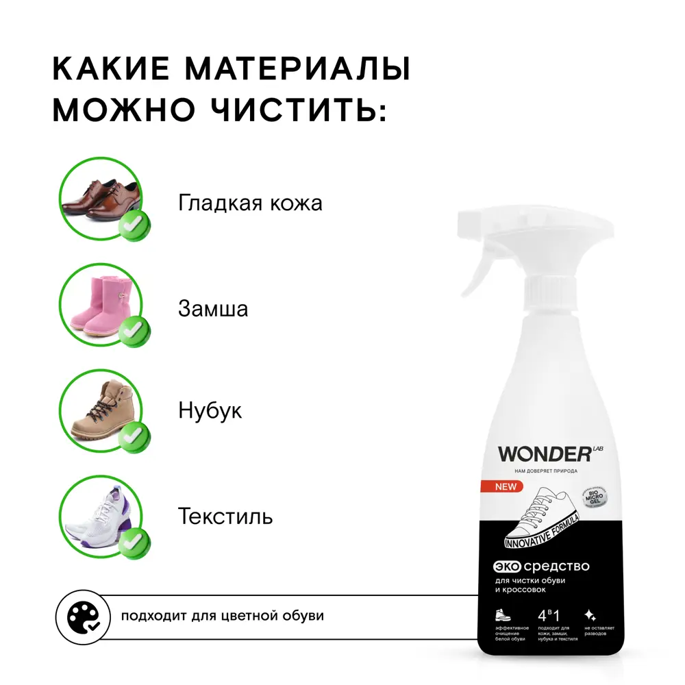 Фото 4 Пена для чистки обуви и кроссовок Wonder LAB эко 550 мл Фото 4 Пена для чистки обуви и кроссовок Wonder LAB эко 550 мл