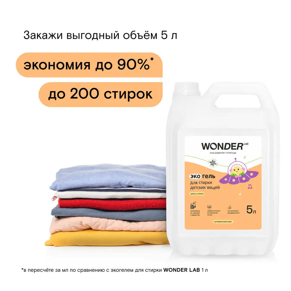 Фото 3 Гель для стирки Wonder LAB Цветы хлопка для детского белья концентрат 5 л Фото 3 Гель для стирки Wonder LAB Цветы хлопка для детского белья концентрат 5 л