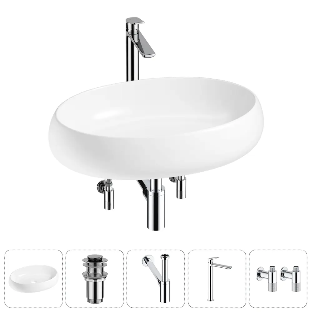 Фото Раковина накладная для ванной Lavinia Boho Bathroom Sink 60x40 20215107R с донным клапаном, сифоном, смесителем и вентилями цвет хром Фото Раковина накладная для ванной Lavinia Boho Bathroom Sink 60x40 20215107R с донным клапаном, сифоном, смесителем и вентилями цвет хром