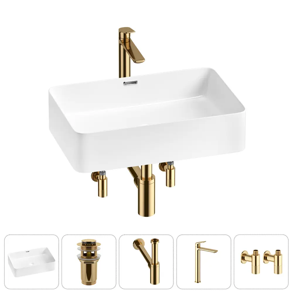 Фото Раковина накладная для ванной Lavinia Boho Bathroom Sink 55x37 20215237R с донным клапаном, сифоном, смесителем и вентилями цвет золото Фото Раковина накладная для ванной Lavinia Boho Bathroom Sink 55x37 20215237R с донным клапаном, сифоном, смесителем и вентилями цвет золото