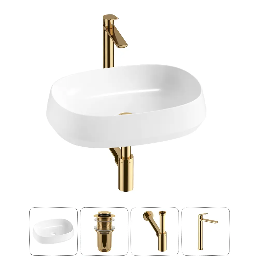 Фото Раковина накладная для ванной Lavinia Boho Bathroom Sink 54x41 20215406R с донным клапаном, сифоном и смесителем цвет золото Фото Раковина накладная для ванной Lavinia Boho Bathroom Sink 54x41 20215406R с донным клапаном, сифоном и смесителем цвет золото