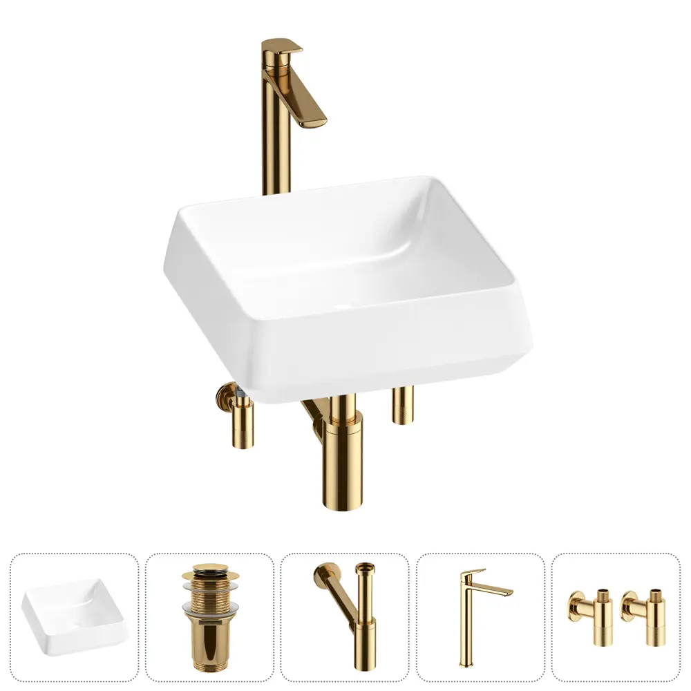 Фото Раковина накладная для ванной Lavinia Boho Bathroom Sink 38x38 20215426R с донным клапаном, сифоном, смесителем и вентилями цвет золото Фото Раковина накладная для ванной Lavinia Boho Bathroom Sink 38x38 20215426R с донным клапаном, сифоном, смесителем и вентилями цвет золото