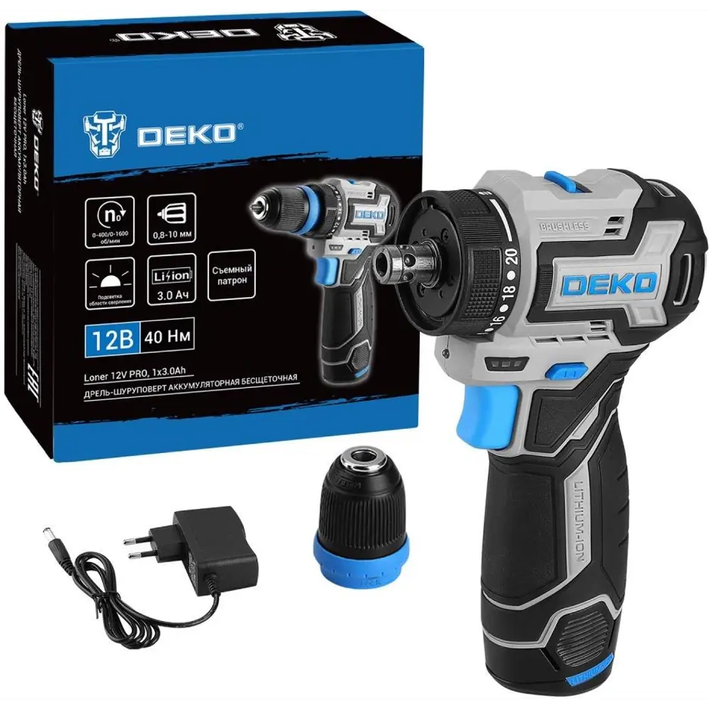 Фото Дрель-шуруповерт аккумуляторная бесщеточная Deko Loner 12V Pro, 085-1121, 12 В Li-Ion 1x3 Ач Фото Дрель-шуруповерт аккумуляторная бесщеточная Deko Loner 12V Pro, 085-1121, 12 В Li-Ion 1x3 Ач
