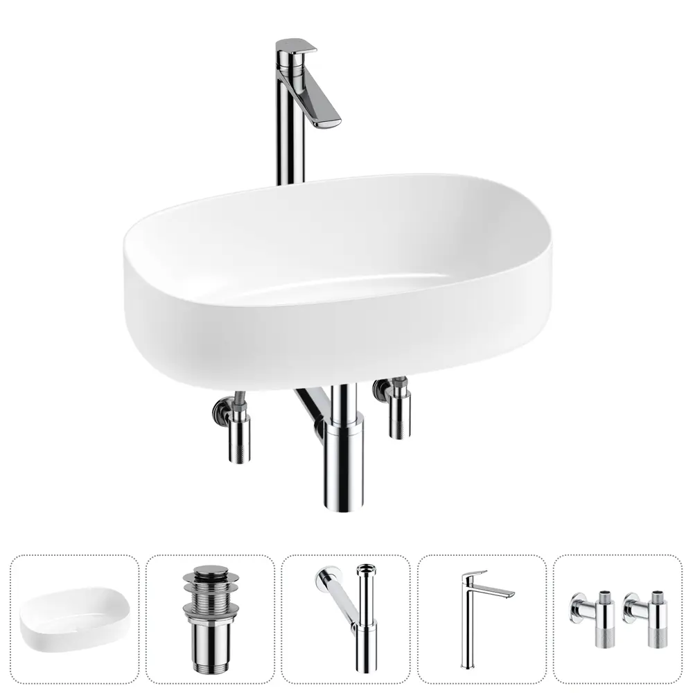 Фото Раковина накладная для ванной Lavinia Boho Bathroom Sink 55x35 20215833R с донным клапаном, сифоном, смесителем и вентилями цвет хром Фото Раковина накладная для ванной Lavinia Boho Bathroom Sink 55x35 20215833R с донным клапаном, сифоном, смесителем и вентилями цвет хром