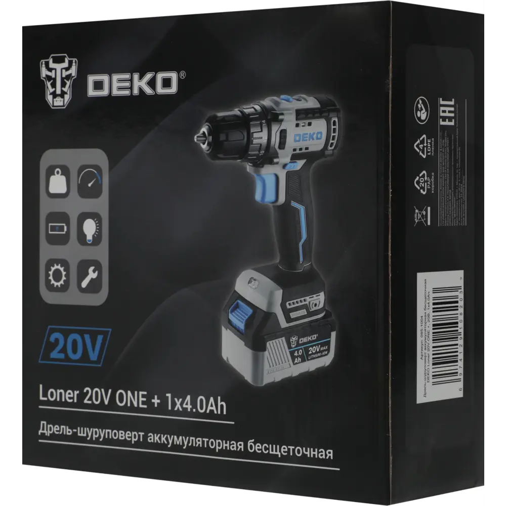 Фото 4 Дрель-шуруповерт аккумуляторная бесщеточная Deko Loner 20V One, 085-1004, 20 В Li-Ion 1x4 Ач Фото 4 Дрель-шуруповерт аккумуляторная бесщеточная Deko Loner 20V One, 085-1004, 20 В Li-Ion 1x4 Ач