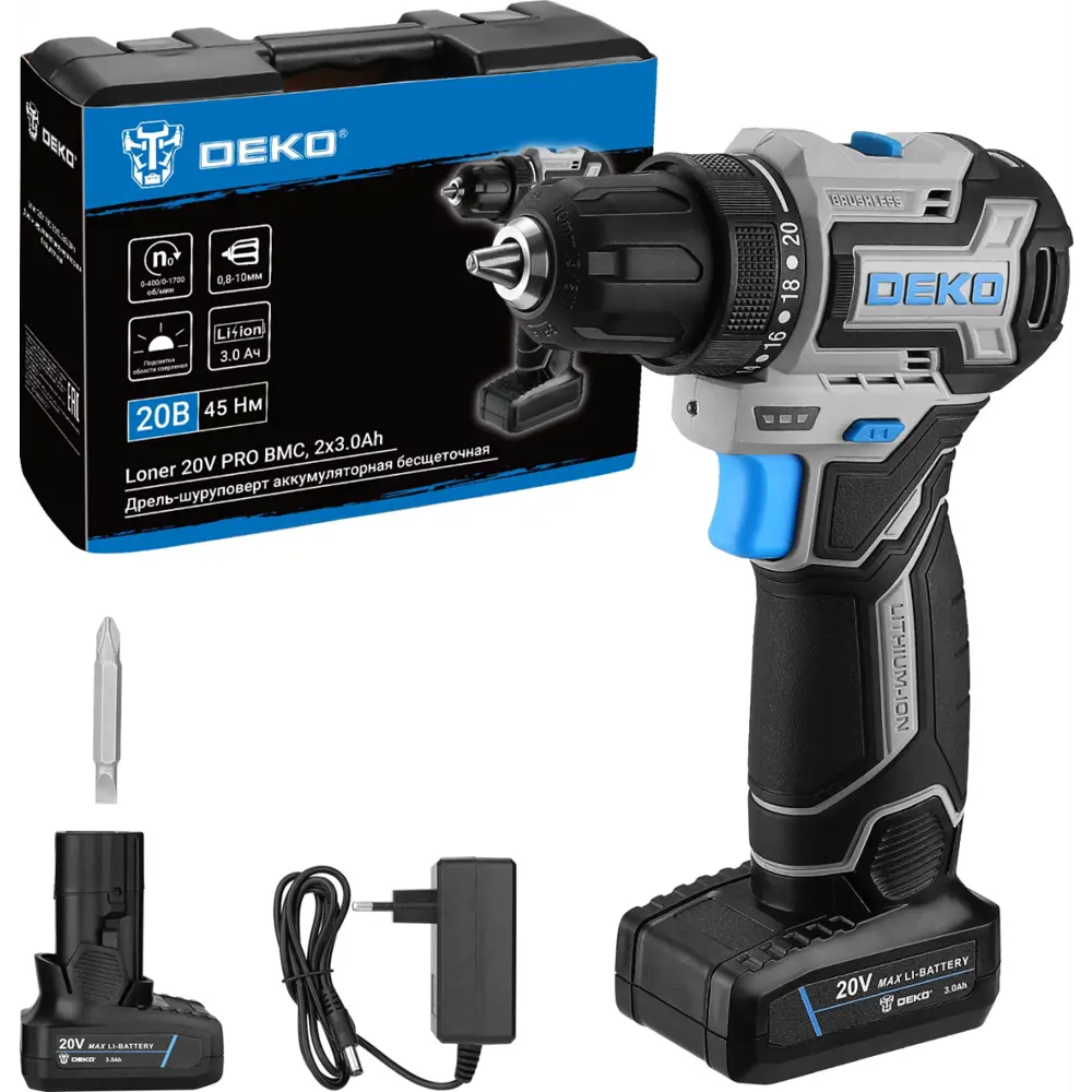 Фото Дрель-шуруповерт аккумуляторная бесщеточная Deko Loner 20V Pro, 085-1010, 20 В Li-Ion 2x3 Ач Фото Дрель-шуруповерт аккумуляторная бесщеточная Deko Loner 20V Pro, 085-1010, 20 В Li-Ion 2x3 Ач