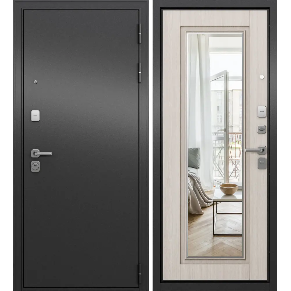 Фото Входная дверь Mastino Trust Mass 140 левый 205x86см цвет антрацит букле/ларче бьянко с зеркалом Фото Входная дверь Mastino Trust Mass 140 левый 205x86см цвет антрацит букле/ларче бьянко с зеркалом