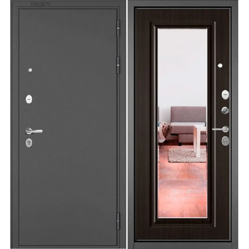 Фото Входная дверь Mastino Trust Mass 140 левый 205x96см цвет графит букле/ларче шоколад с зеркалом Фото Входная дверь Mastino Trust Mass 140 левый 205x96см цвет графит букле/ларче шоколад с зеркалом