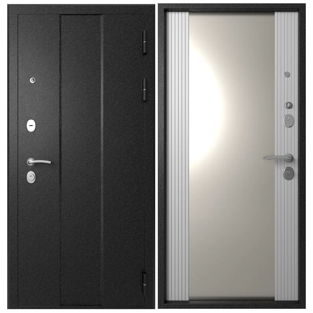 Фото Входная дверь Эталон Эталон М-5 правый 205x86см цвет чёрный букле/белый снег с зеркалом Фото Входная дверь Эталон Эталон М-5 правый 205x86см цвет чёрный букле/белый снег с зеркалом