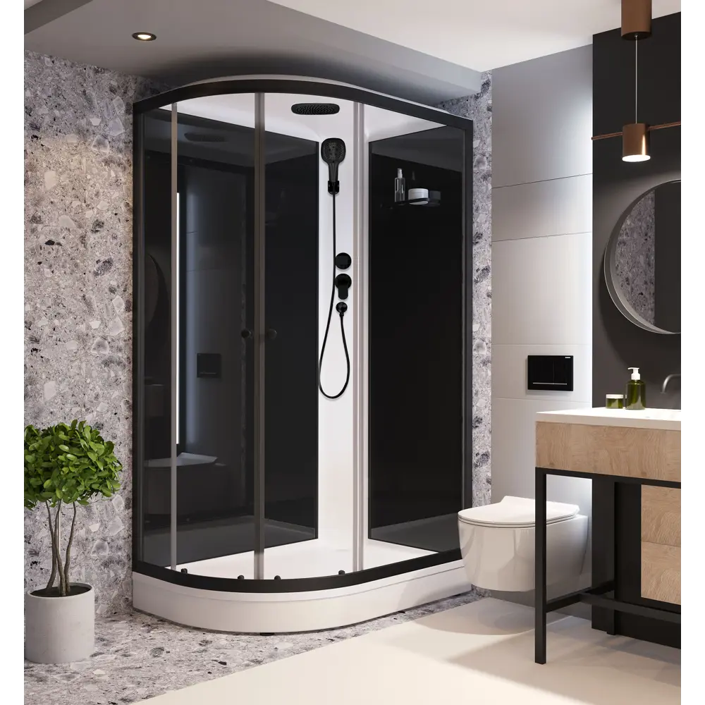 Фото Душевая кабина Domani-Spa Delight Slim 128 R правая 120x80x218 см низкий поддон черные стенки, прозрачное стекло, черный профиль Фото Душевая кабина Domani-Spa Delight Slim 128 R правая 120x80x218 см низкий поддон черные стенки, прозрачное стекло, черный профиль