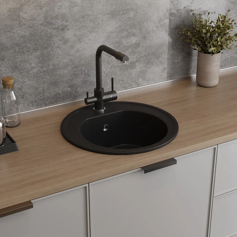 Фото 3 Мойка для кухни Teymi 50.5x50.5 см глубина чаши 18 см литьевой мрамор цвет черный Фото 3 Мойка для кухни Teymi 50.5x50.5 см глубина чаши 18 см литьевой мрамор цвет черный