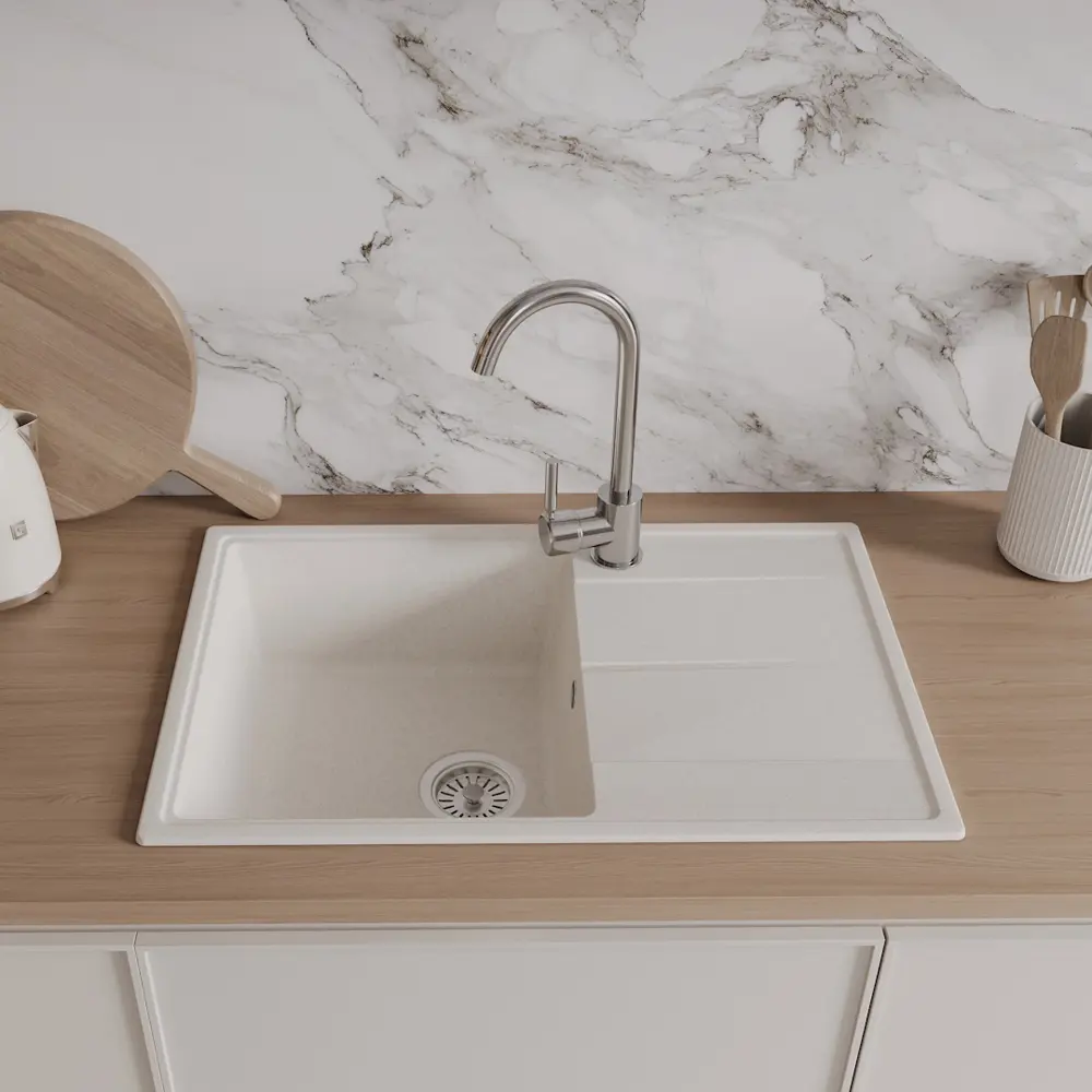 Фото 5 Мойка для кухни Teymi 48x74 см глубина чаши 18 см кварц цвет белый Фото 5 Мойка для кухни Teymi 48x74 см глубина чаши 18 см кварц цвет белый