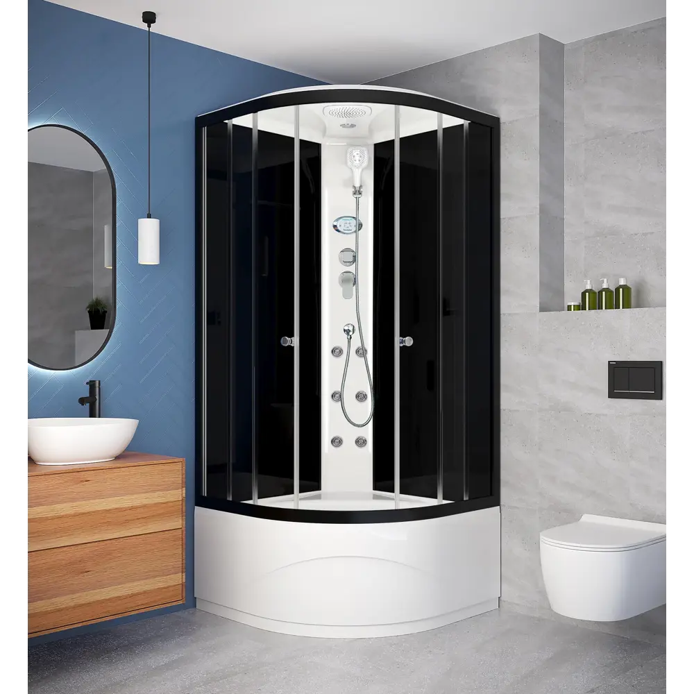 Фото Душевая кабина Domani-Spa Delight Slim 99 high 90x90x218 см 1/4 круга высокий поддон, черные стенки, прозрачное стекло, черный профиль Фото Душевая кабина Domani-Spa Delight Slim 99 high 90x90x218 см 1/4 круга высокий поддон, черные стенки, прозрачное стекло, черный профиль