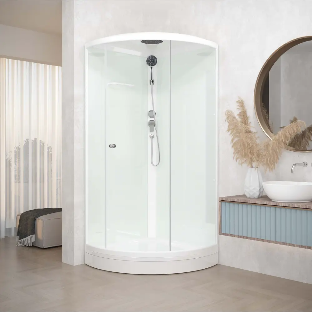 Фото Душевая кабина Domani-Spa Simple 99 90x90x218 см 1/4 круга низкий поддон, белые стенки, прозрачное стекло