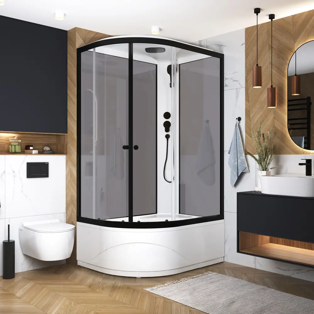 Фото 2 Душевая кабина Domani-Spa Delight Slim 128 high R 120x80x218 см 1/4 круга высокий поддон серые стенки, прозрачное стекло, графит профиль Black accents Фото 2 Душевая кабина Domani-Spa Delight Slim 128 high R 120x80x218 см 1/4 круга высокий поддон серые стенки, прозрачное стекло, графит профиль Black accents