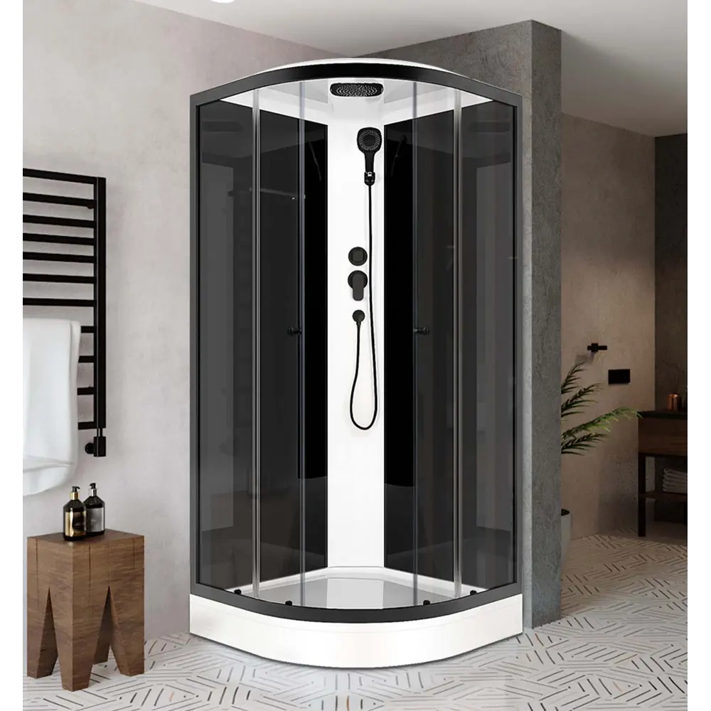 Фото Душевая кабина Domani-Spa Delight Slim 99 90x90x218 см 1/4 круга низкий поддон, черные стенки, прозрачное стекло, черный профиль