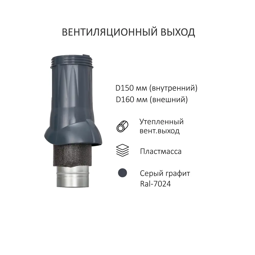 Фото 2 Вентиляционный выход Gervent Static с колпаком универсальный ∅150/160мм RAL 7024 серый графит