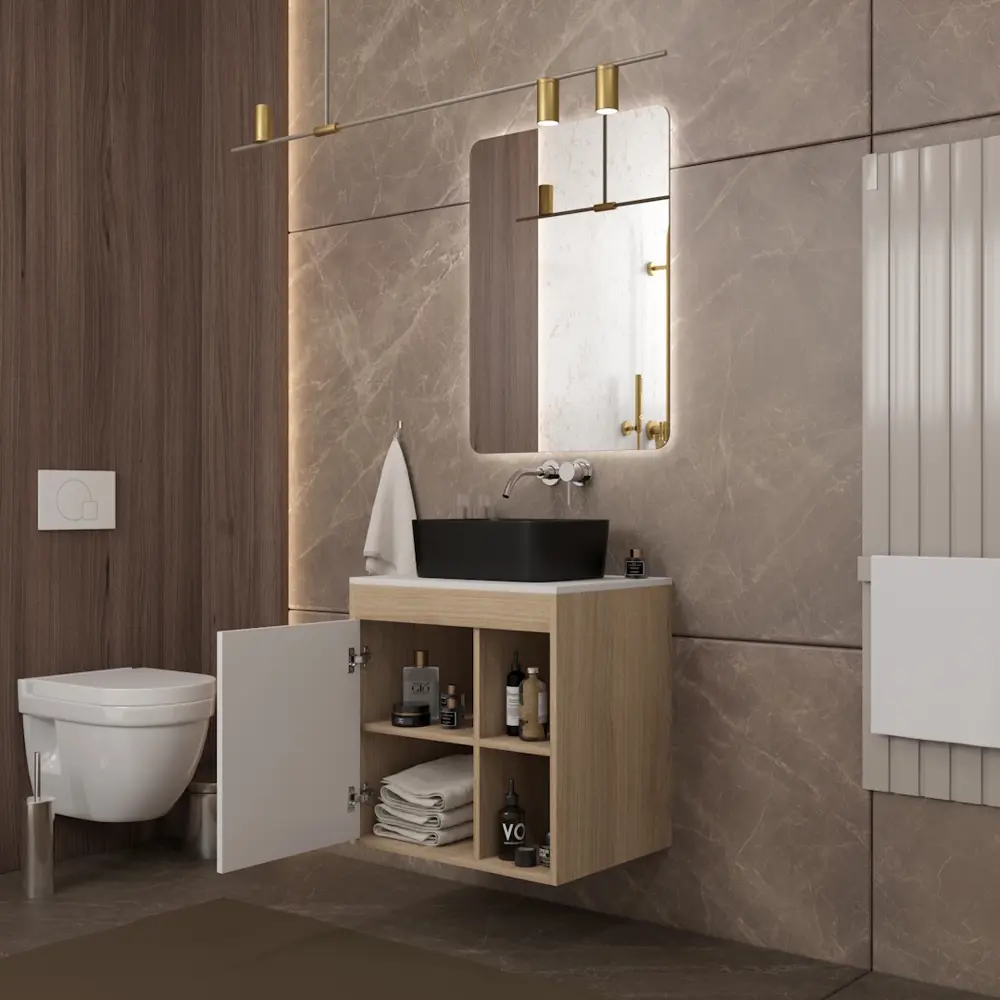 Фото 5 Тумба с раковиной для ванной 60 см Teymi Nura подвесная цвет дуб фасад белый раковина Helmi Mini 40 черная матовая F15171 Фото 5 Тумба с раковиной для ванной 60 см Teymi Nura подвесная цвет дуб фасад белый раковина Helmi Mini 40 черная матовая F15171