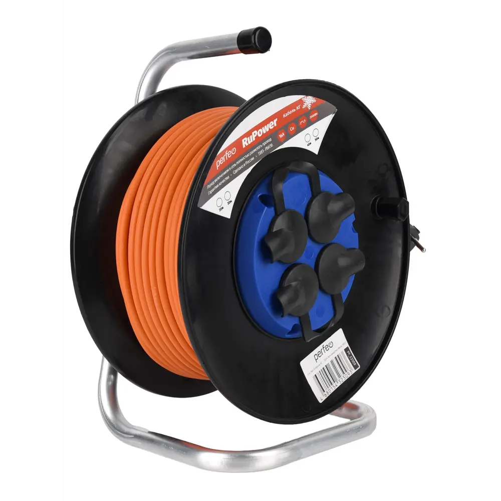 Фото Удлинитель на катушке Perfeo PF_E2307 2x1.5 30 м 4 розетки без заземления 3500 Вт цвет оранжевый/чёрный/синий