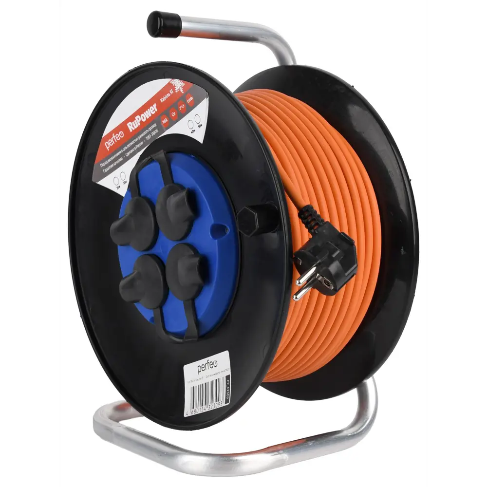 Фото 3 Удлинитель на катушке Perfeo PF_E2307 2x1.5 30 м 4 розетки без заземления 3500 Вт цвет оранжевый/чёрный/синий