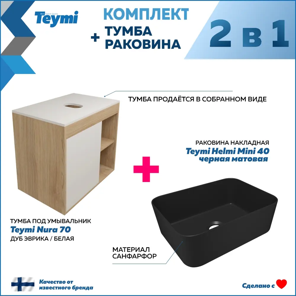 Фото 2 Тумба с раковиной для ванной 70 см Teymi Nura подвесная цвет дуб фасад белый раковина Helmi Mini 40 черная матовая F15173 Фото 2 Тумба с раковиной для ванной 70 см Teymi Nura подвесная цвет дуб фасад белый раковина Helmi Mini 40 черная матовая F15173
