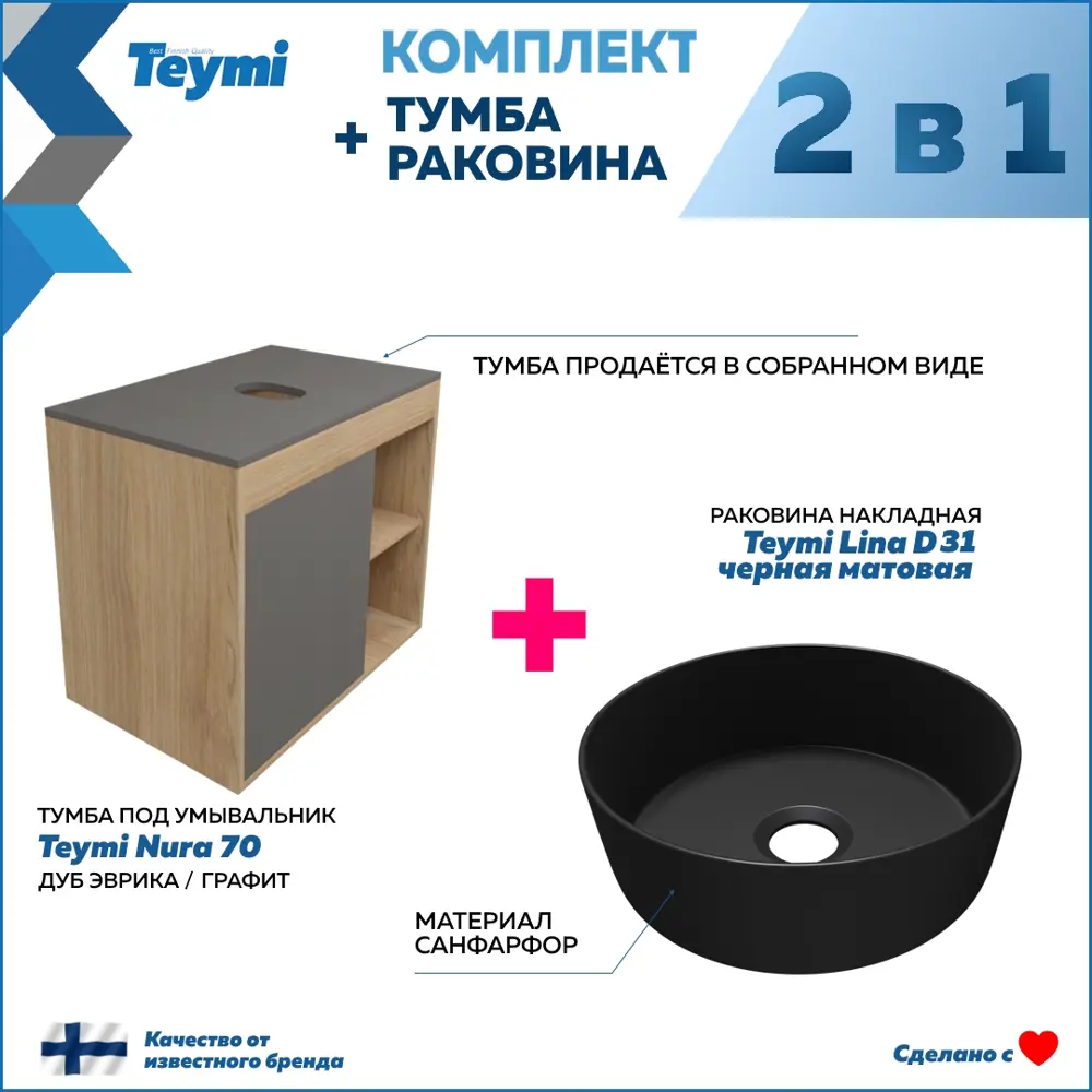 Фото 2 Тумба с раковиной для ванной 70 см Teymi Nura подвесная цвет дуб фасад графит раковина Lina D31 черная матовая F15180 Фото 2 Тумба с раковиной для ванной 70 см Teymi Nura подвесная цвет дуб фасад графит раковина Lina D31 черная матовая F15180