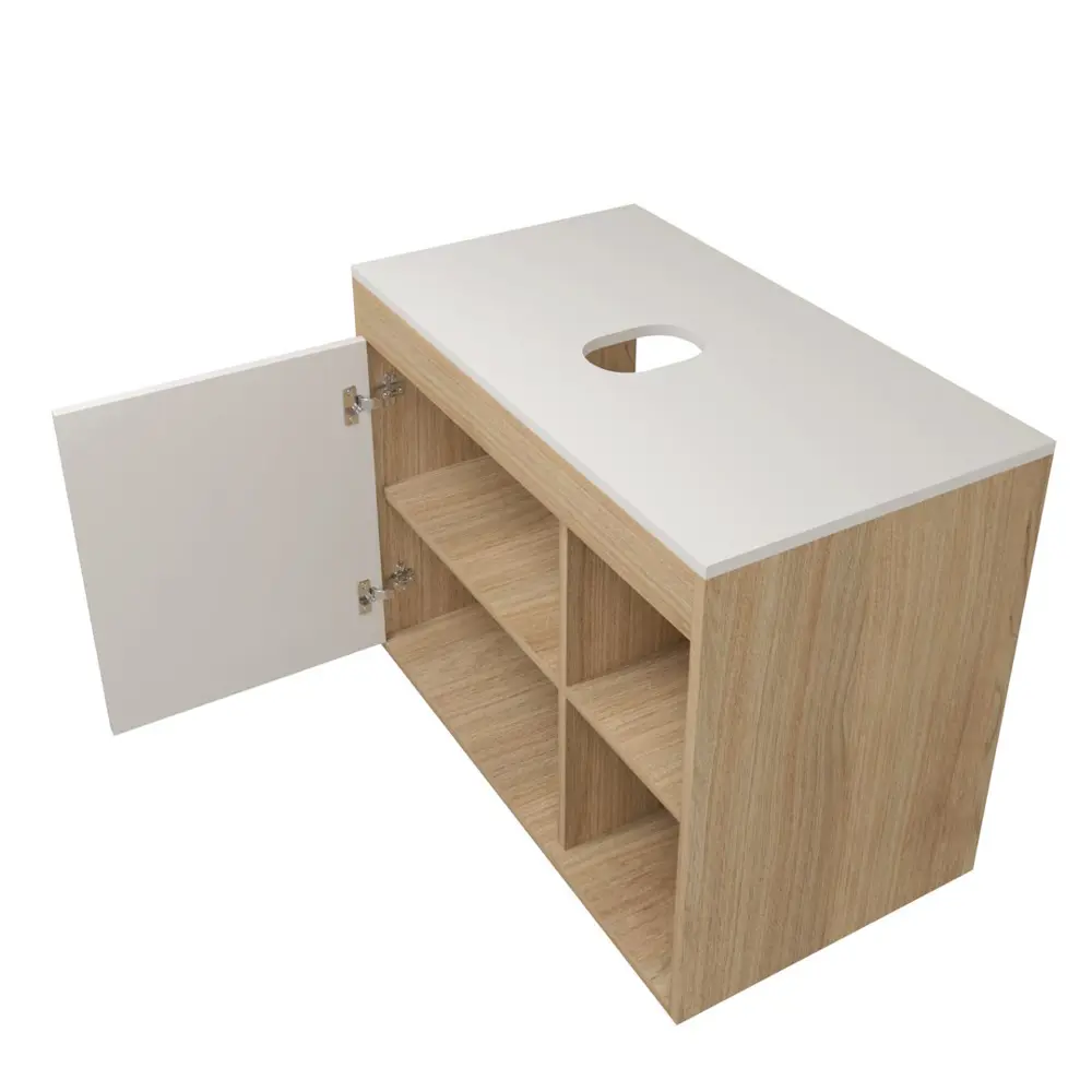 Фото 10 Тумба с раковиной для ванной 80 см Teymi Nura подвесная цвет дуб фасад белый раковина Helmi Mini 41 черная матовая F15163