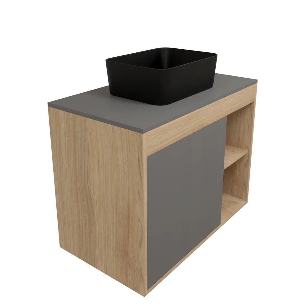 Фото 6 Тумба с раковиной для ванной 80 см Teymi Nura подвесная цвет дуб фасад графит раковина Helmi Mini 40 черная матовая F15176
