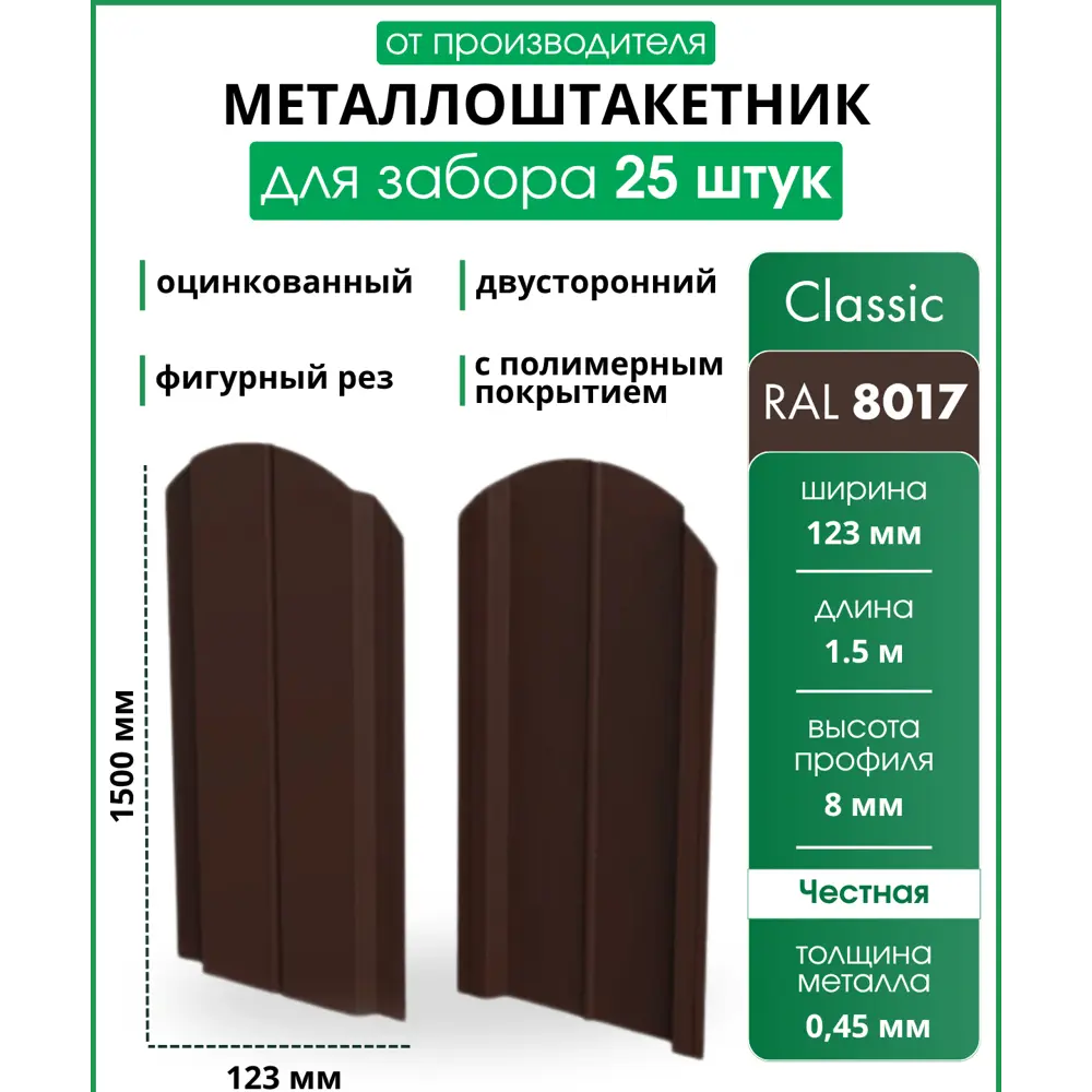 Фото Металлический штакетник Steelcraft Classic M-образный 123мм 1.5м двухсторонний RAL 8017 шоколадно-коричневый 25шт Фото Металлический штакетник Steelcraft Classic M-образный 123мм 1.5м двухсторонний RAL 8017 шоколадно-коричневый 25шт