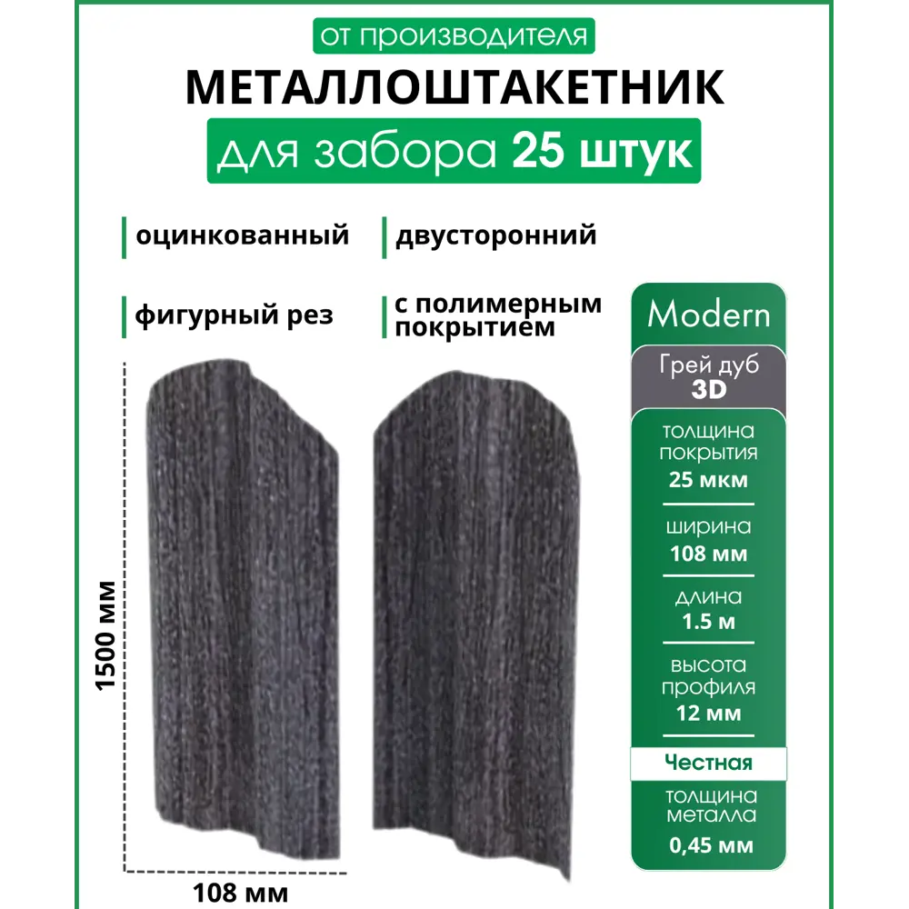 Фото Штакетник Steelcraft Prestige п-образный 15мм 180см двухсторонний фигурный Грей дуб 3D Фото Штакетник Steelcraft Prestige п-образный 15мм 180см двухсторонний фигурный Грей дуб 3D