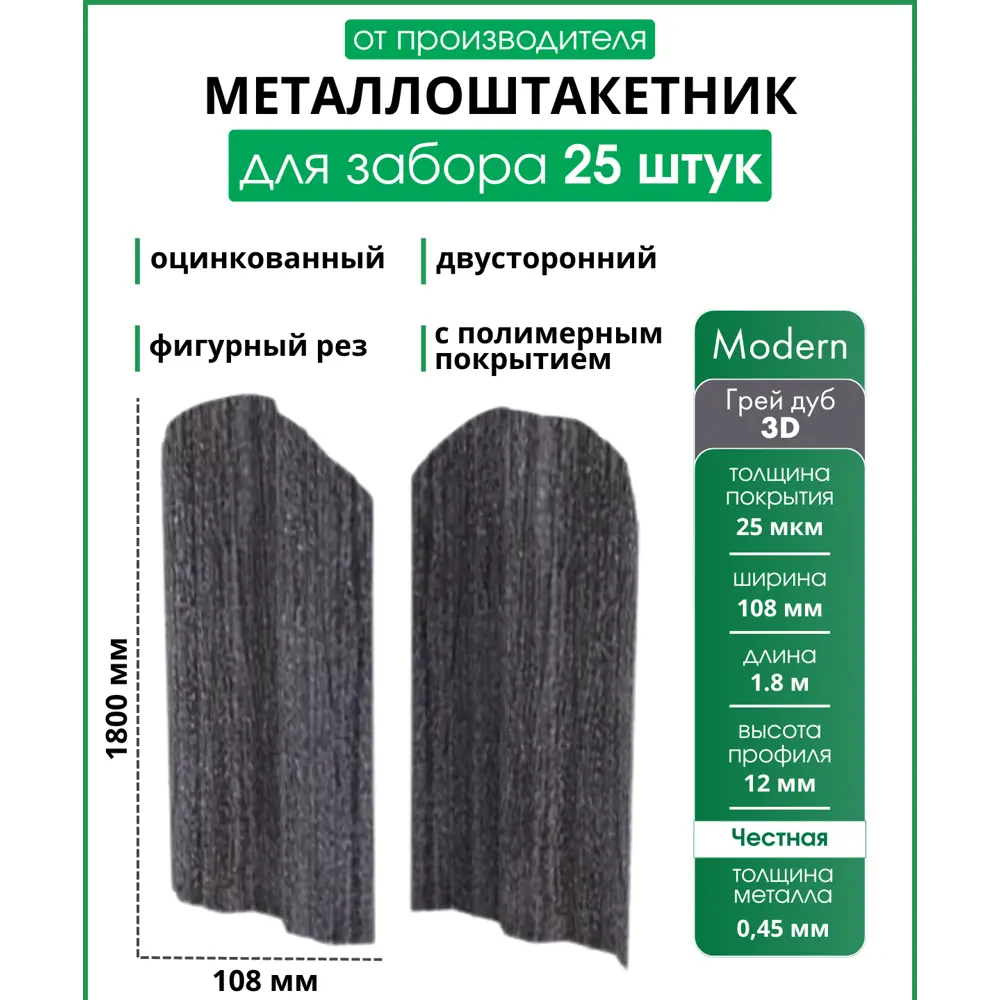 Фото Штакетник Steelcraft Classic прямой 8мм 180см двухсторонний фигурный Грей дуб 3D Фото Штакетник Steelcraft Classic прямой 8мм 180см двухсторонний фигурный Грей дуб 3D