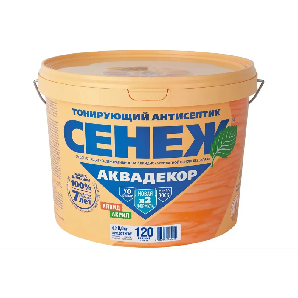 Фото Защитно-декоративный антисептик кроющий Сенеж Аквадекор 120 полуматовый графит 9 кг Фото Защитно-декоративный антисептик кроющий Сенеж Аквадекор 120 полуматовый графит 9 кг