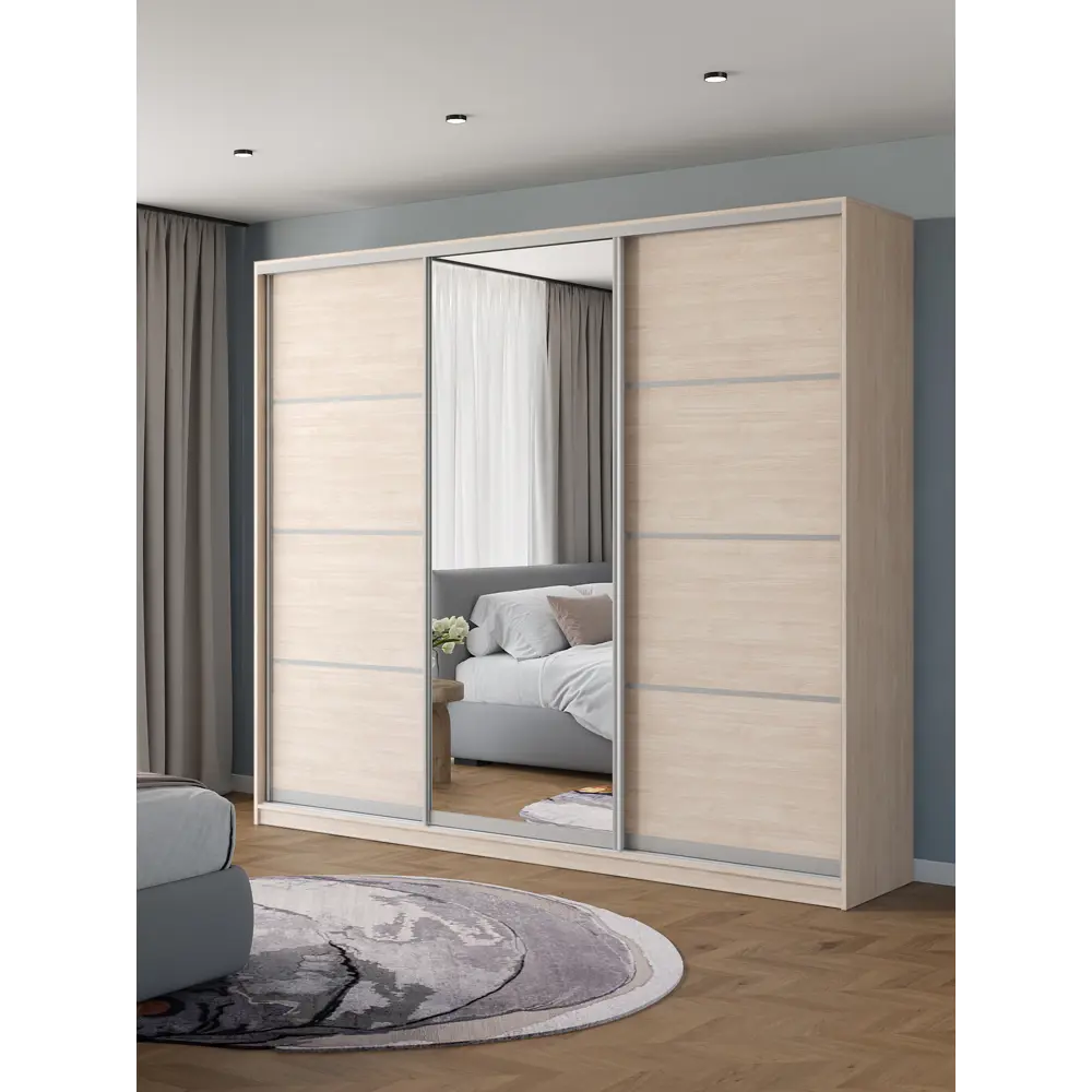 Фото Шкаф-купе Клевер Атина с 3 дверями и зеркалом 240x270х50 см 9 полок ЛДСП цвет шамони светлый Фото Шкаф-купе Клевер Атина с 3 дверями и зеркалом 240x270х50 см 9 полок ЛДСП цвет шамони светлый