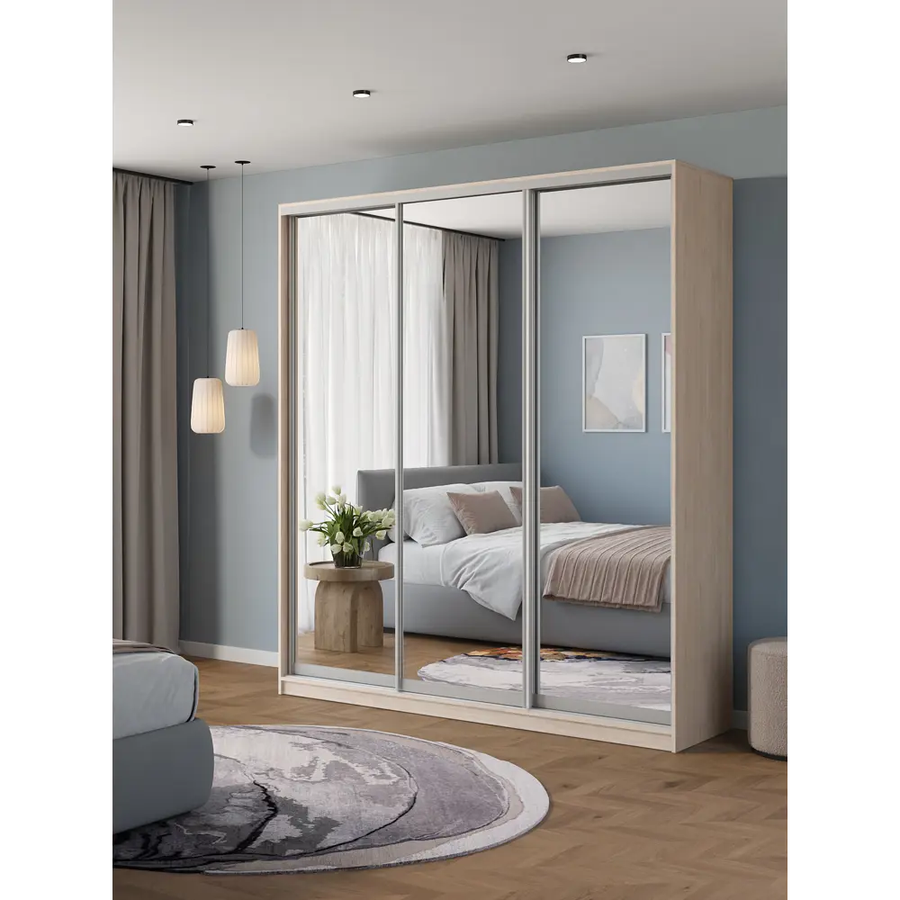 Фото 2 Шкаф-купе Клевер Атина с 3 дверями 240x200х65 см 9 полок ЛДСП цвет шамони светлый зеркальный Фото 2 Шкаф-купе Клевер Атина с 3 дверями 240x200х65 см 9 полок ЛДСП цвет шамони светлый зеркальный