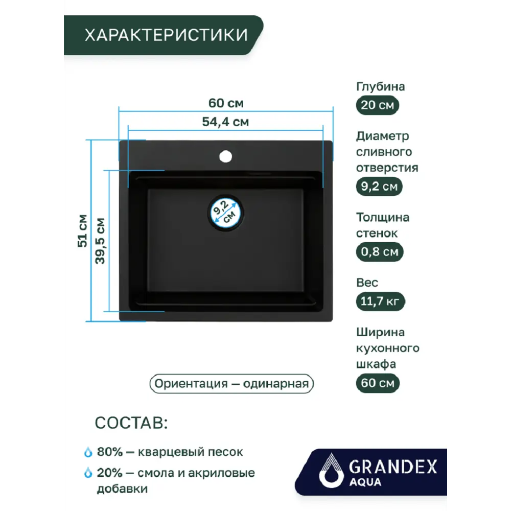 Фото 2 Мойка для кухни Grandex aqua COMFORT 60F CARBON 39.5x54.4 см глубина чаши 20 см кварц цвет черный Фото 2 Мойка для кухни Grandex aqua COMFORT 60F CARBON 39.5x54.4 см глубина чаши 20 см кварц цвет черный