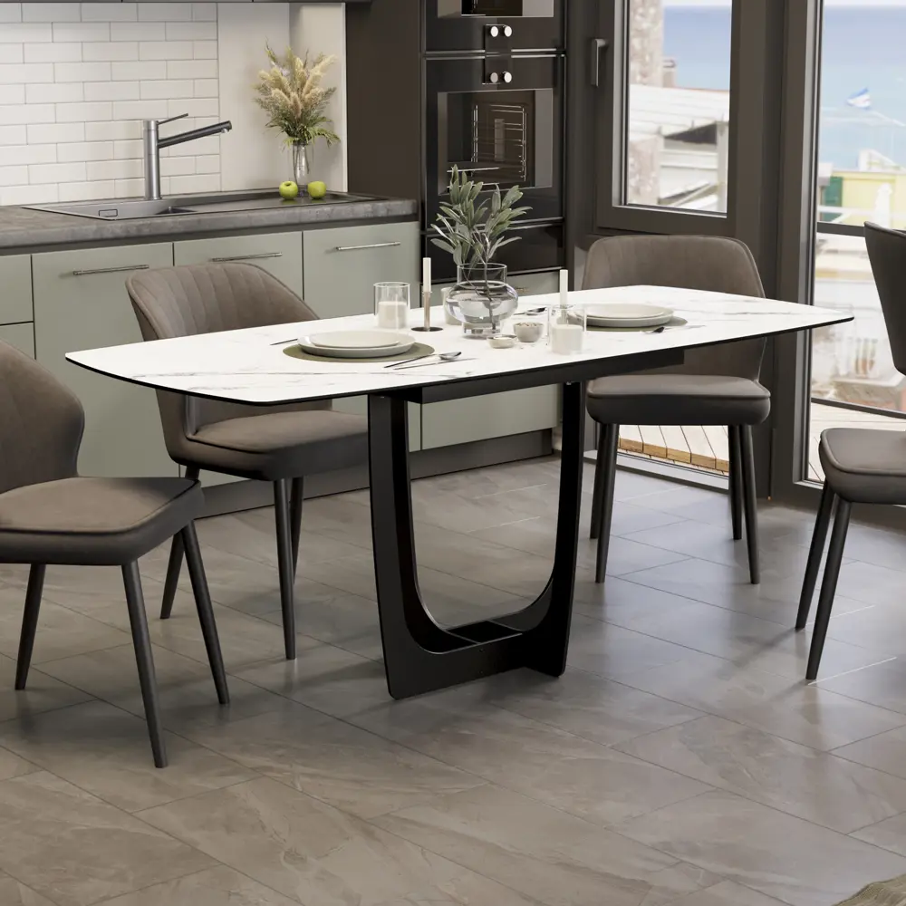 Фото 2 Стол прямоугольный Трия Орфей стекло глянцевый белый мрамор 140x140 МДФ цвет черный