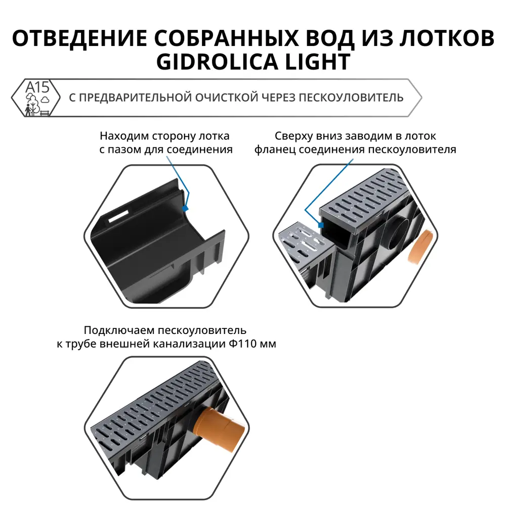 Фото 2 Пескоуловитель Gidrolica Light 080068 пластиковый с оцинкованной решеткой к лоткам Фото 2 Пескоуловитель Gidrolica Light 080068 пластиковый с оцинкованной решеткой к лоткам