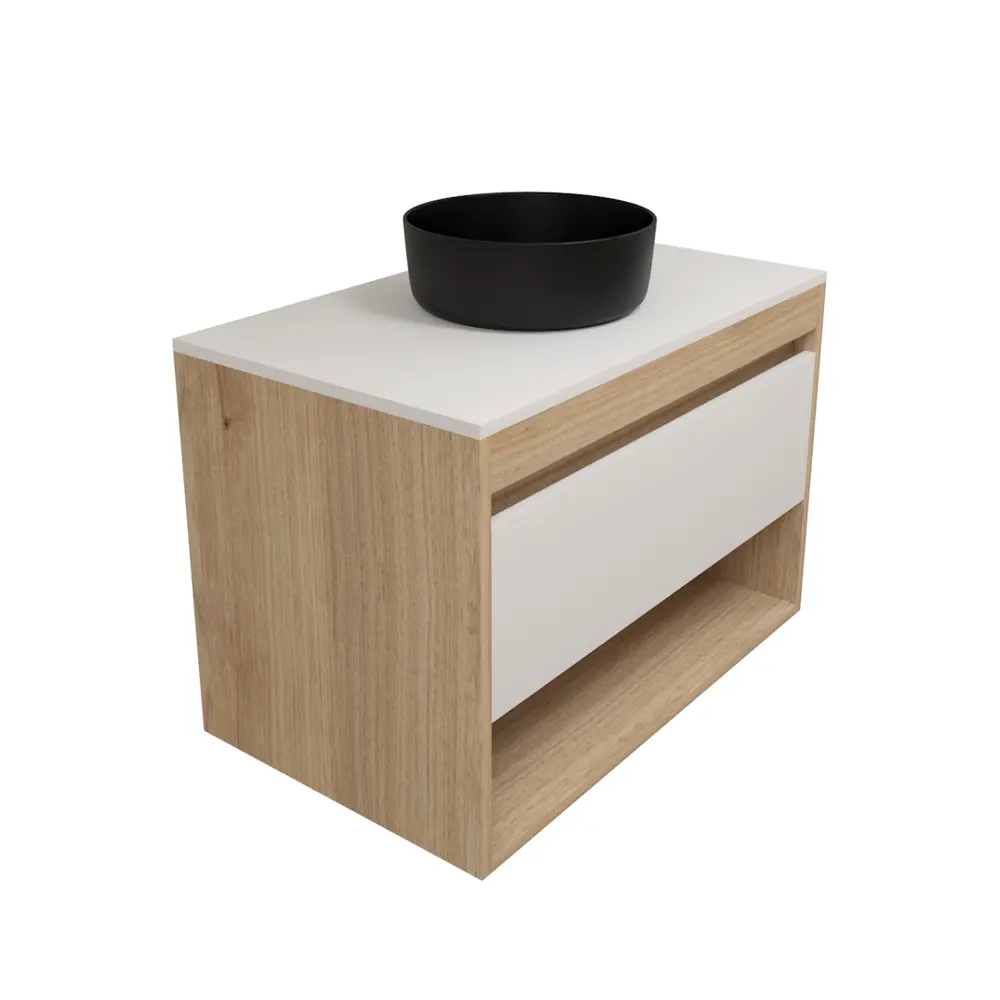 Фото 6 Тумба с раковиной для ванной 75 см Teymi Ritta подвесная цвет дуб фасад белый раковина Lina D31 черная матовая F15113 Фото 6 Тумба с раковиной для ванной 75 см Teymi Ritta подвесная цвет дуб фасад белый раковина Lina D31 черная матовая F15113