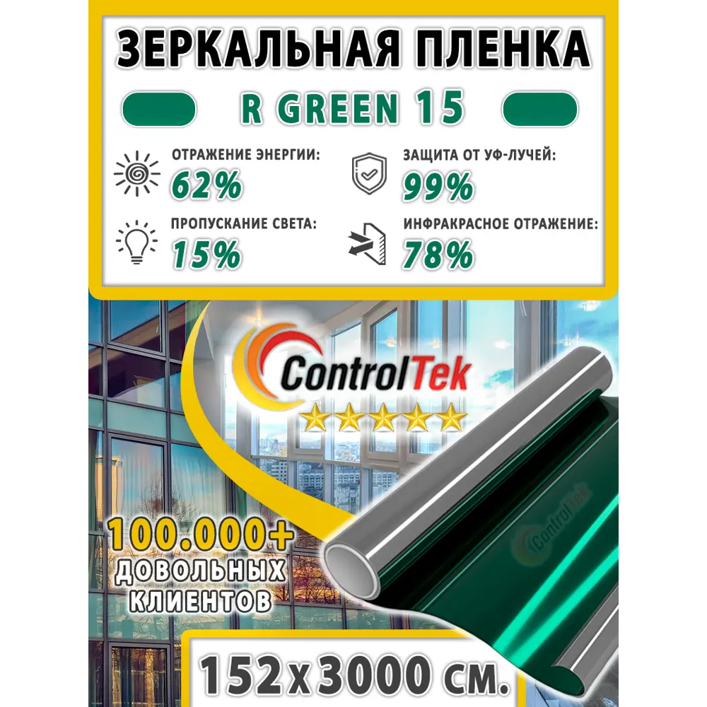 Фото 2 Пленка зеркальная для окон солнцезащитная ControlTek R Green 15 (зеленая) 152x3000 см Фото 2 Пленка зеркальная для окон солнцезащитная ControlTek R Green 15 (зеленая) 152x3000 см