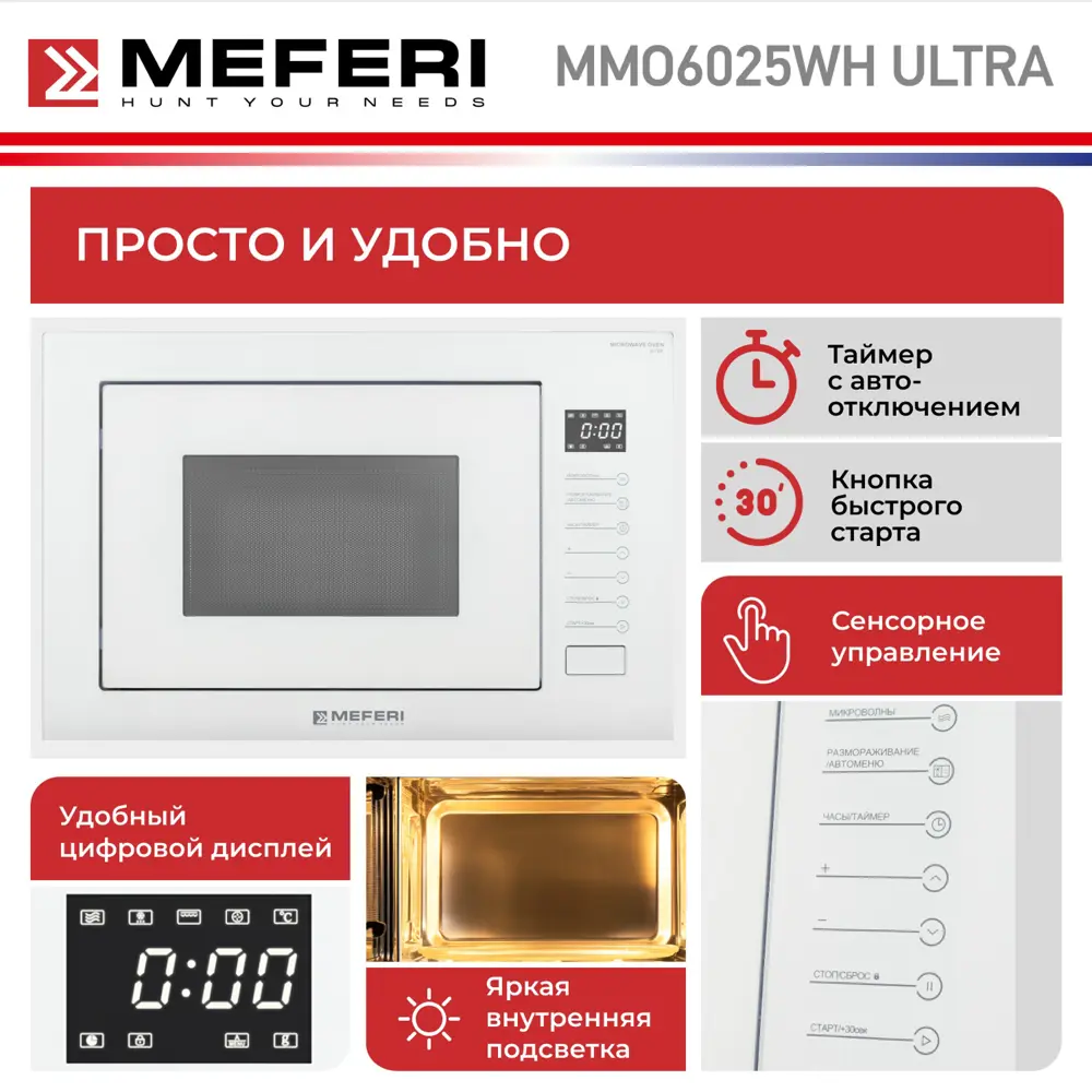 Фото 3 Встраиваемая микроволновая печь Meferi MMO6025WH ULTRA 25 л 60x35x39 см цвет белый Фото 3 Встраиваемая микроволновая печь Meferi MMO6025WH ULTRA 25 л 60x35x39 см цвет белый