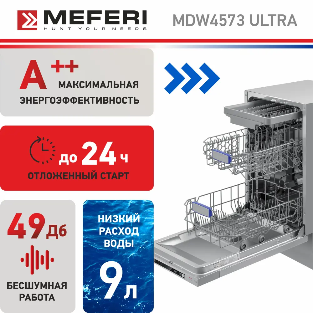 Фото 5 Встраиваемая посудомоечная машина Meferi MDW4573 ULTRA 45 см 7 программ цвет серый Фото 5 Встраиваемая посудомоечная машина Meferi MDW4573 ULTRA 45 см 7 программ цвет серый