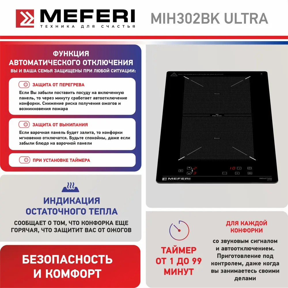 Фото 5 Индукционная варочная панель Meferi MIH302BK ULTRA 29 см 2 конфорки цвет черный Фото 5 Индукционная варочная панель Meferi MIH302BK ULTRA 29 см 2 конфорки цвет черный