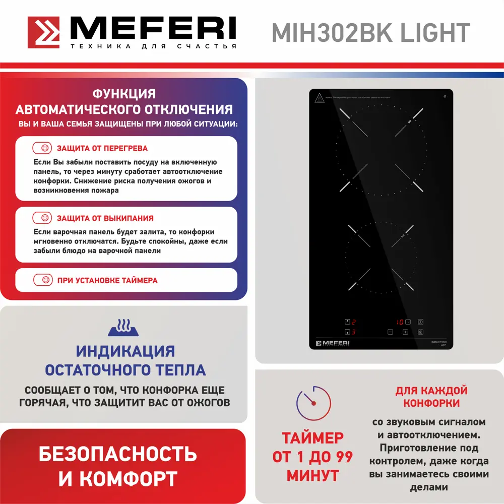 Фото 5 Индукционная варочная панель Meferi MIH302BK LIGHT 29 см 2 конфорки цвет черный Фото 5 Индукционная варочная панель Meferi MIH302BK LIGHT 29 см 2 конфорки цвет черный