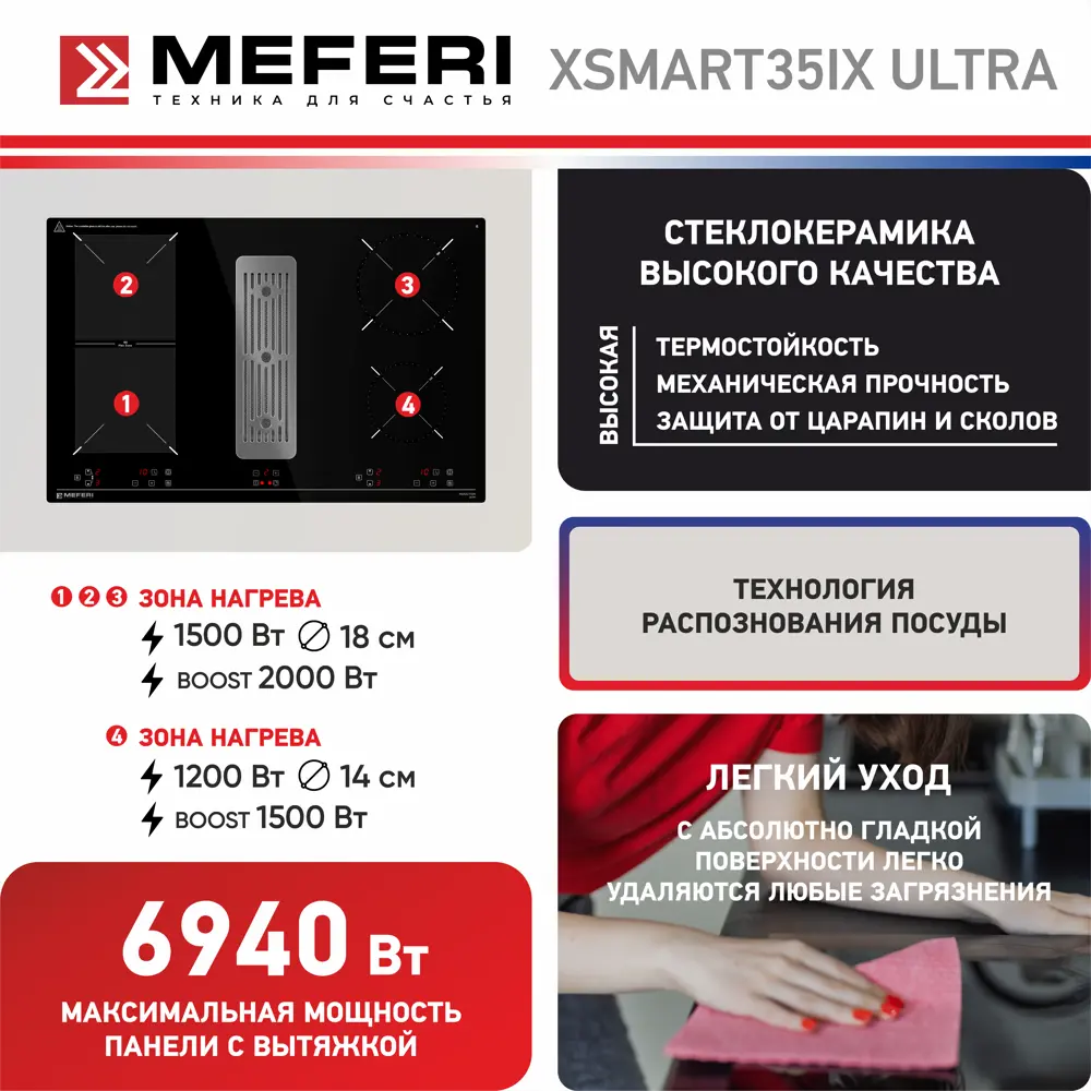 Фото 8 Индукционная варочная панель Meferi XSMART35IX ULTRA 80 см 4 конфорки цвет черный Фото 8 Индукционная варочная панель Meferi XSMART35IX ULTRA 80 см 4 конфорки цвет черный