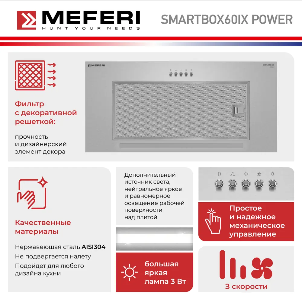 Фото 4 Вытяжка полновстраиваемая Meferi SMARTBOX60IX POWER 60 см цвет серый /серебристый Фото 4 Вытяжка полновстраиваемая Meferi SMARTBOX60IX POWER 60 см цвет серый /серебристый