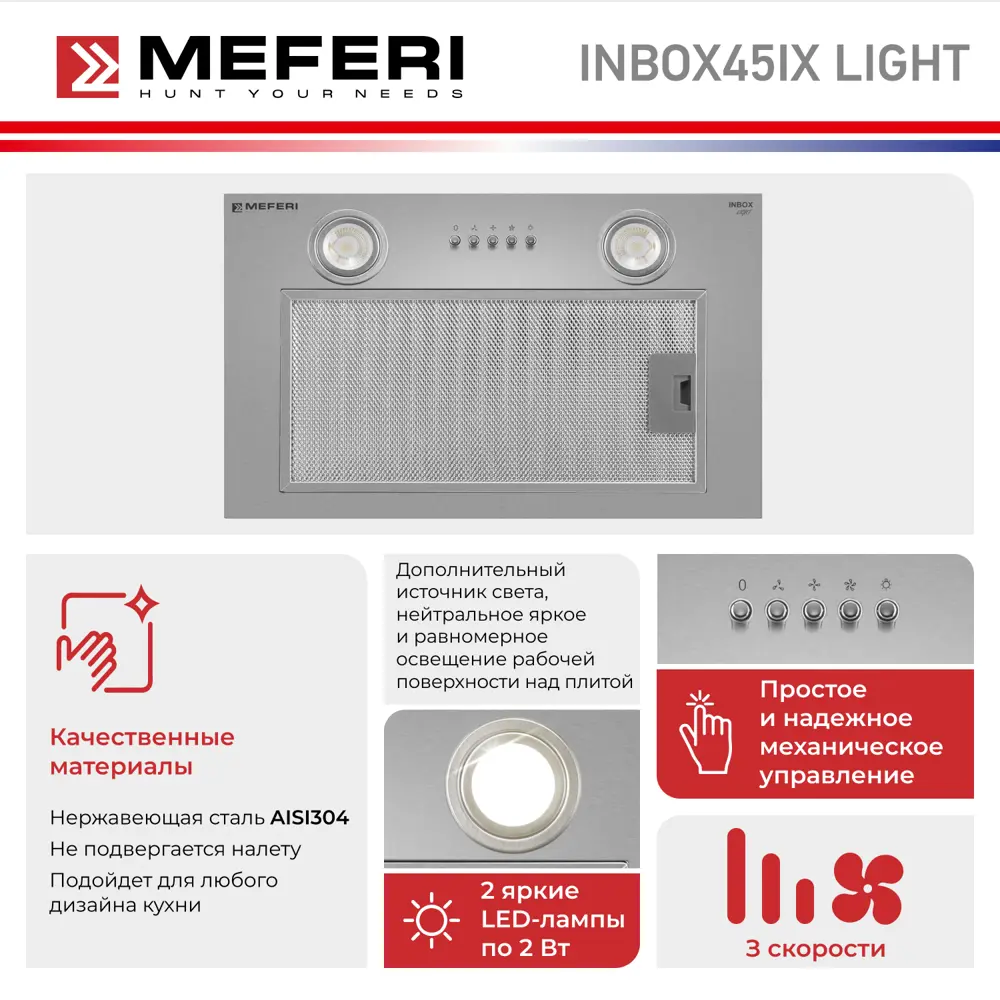 Фото 3 Встраиваемая вытяжка Meferi INBOX45IX LIGHT 45 см цвет серый/серебристый Фото 3 Встраиваемая вытяжка Meferi INBOX45IX LIGHT 45 см цвет серый/серебристый
