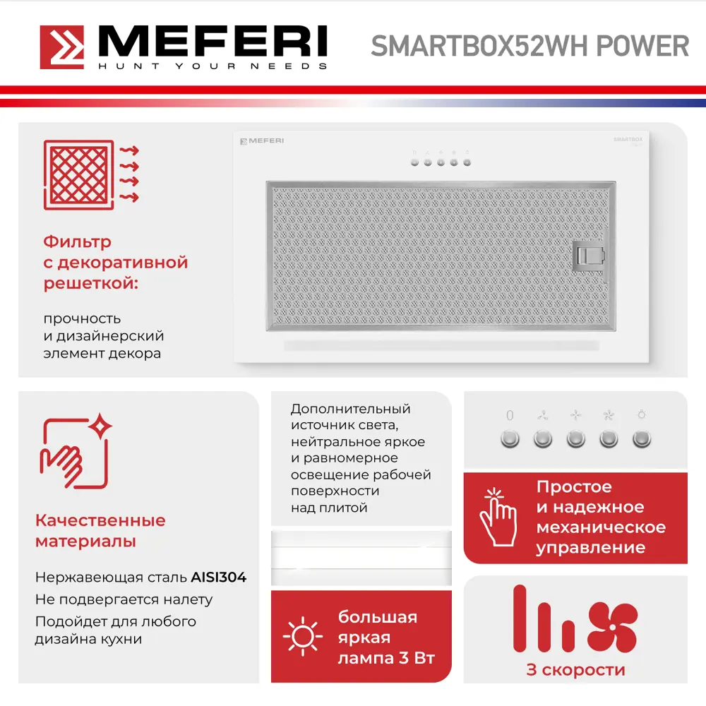 Фото 3 Встраиваемая вытяжка Meferi SMARTBOX52WH POWER 52 см цвет белый Фото 3 Встраиваемая вытяжка Meferi SMARTBOX52WH POWER 52 см цвет белый